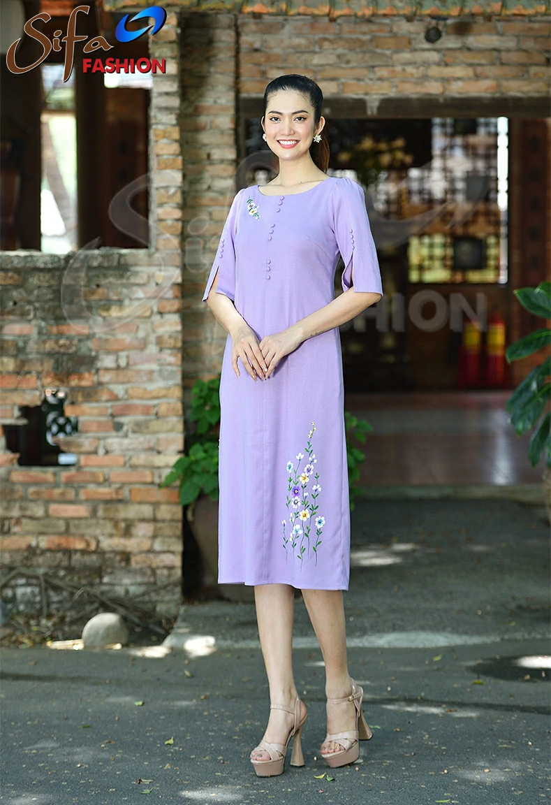 Đầm linen vẽ hoa